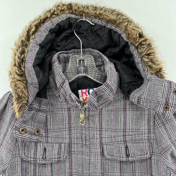 Roxy Jacket Girls Youth Size Large Faux Fur Hood Pockets Front Full Zip Tartan - Picture 2 of 14